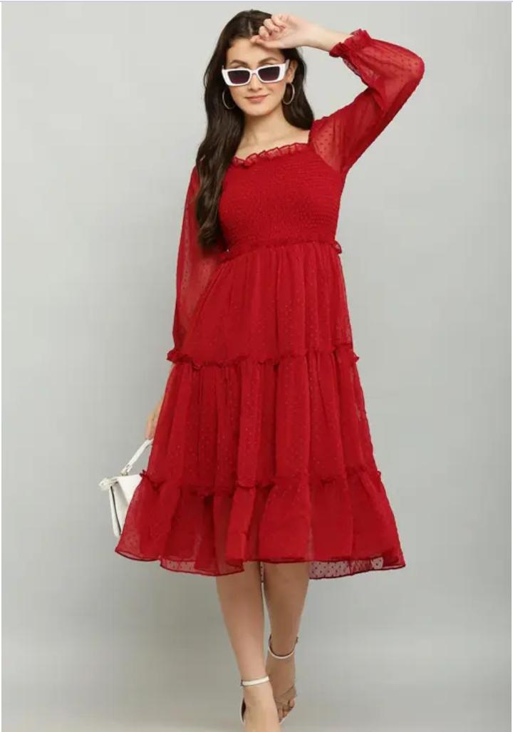 Elegant Red Tiered Midi Dress with Sheer Sleeves