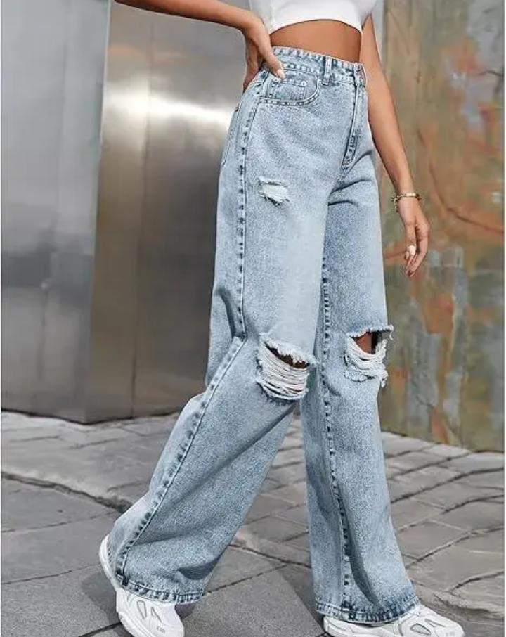 Women’s Oversized Ripped Wide-Leg Jeans – High Waist, Light Wash, Distressed Casual Streetwear Denim