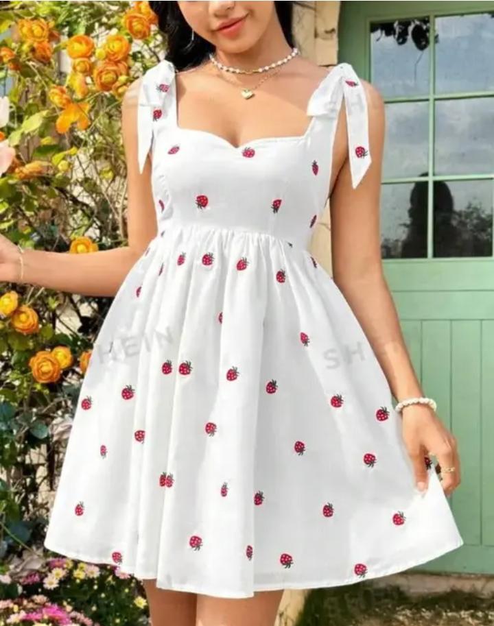 White Sleeveless A-Line Dress with Red Strawberry Print & Tie-Up Straps" 🍓✨