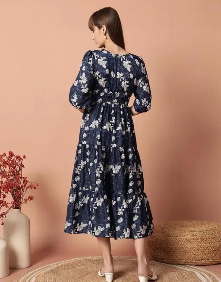 Navy Blue Floral Printed Maxi Dress with Puff Sleeves & Tiered Hem" 🌸✨