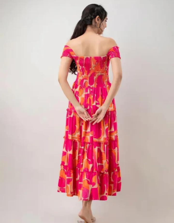 Radiant Blooms Multicolored Floral Midi Dress with Smocking
