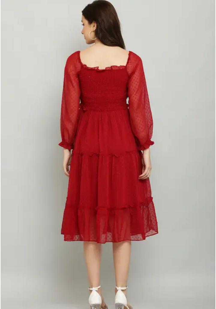 Elegant Red Tiered Midi Dress with Sheer Sleeves