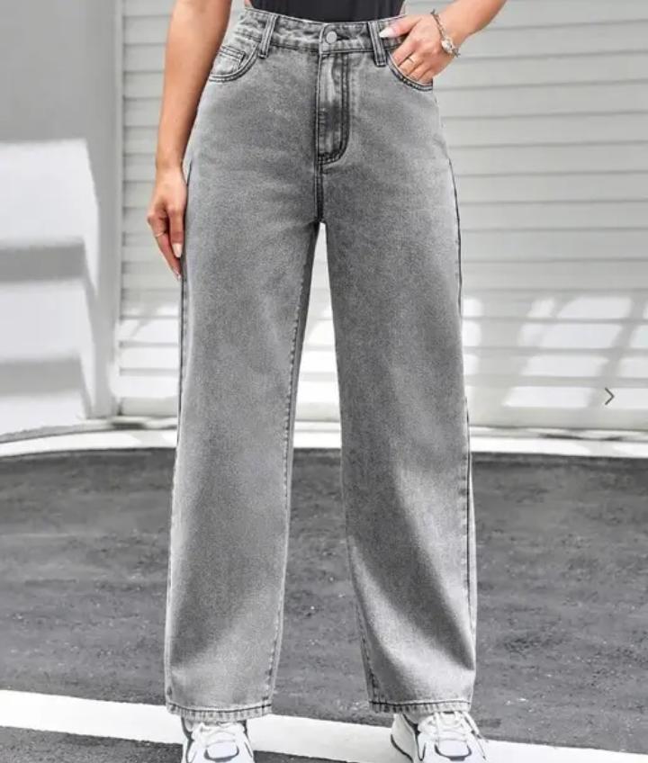 High-Waisted Grey Wide-Leg Jeans