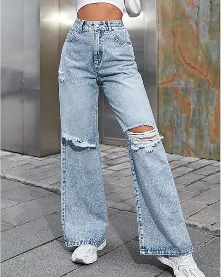 Women’s Oversized Ripped Wide-Leg Jeans – High Waist, Light Wash, Distressed Casual Streetwear Denim