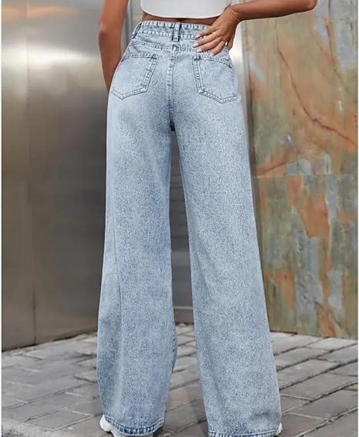 Women’s Oversized Ripped Wide-Leg Jeans – High Waist, Light Wash, Distressed Casual Streetwear Denim