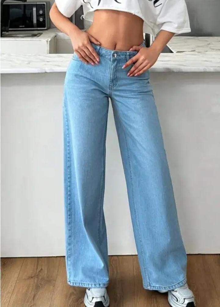 Women’s High-Waist Light Blue Wide-Leg Jeans – Casual Loose Fit Denim Pants