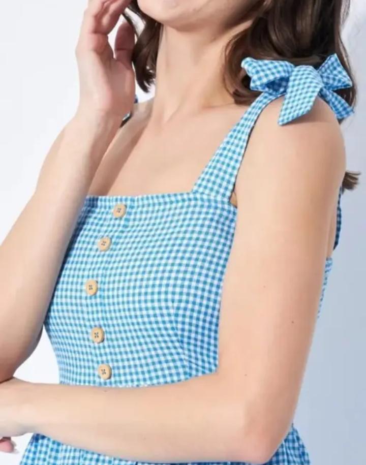 Sky Blue & White Gingham Check Sleeveless Tiered Dress