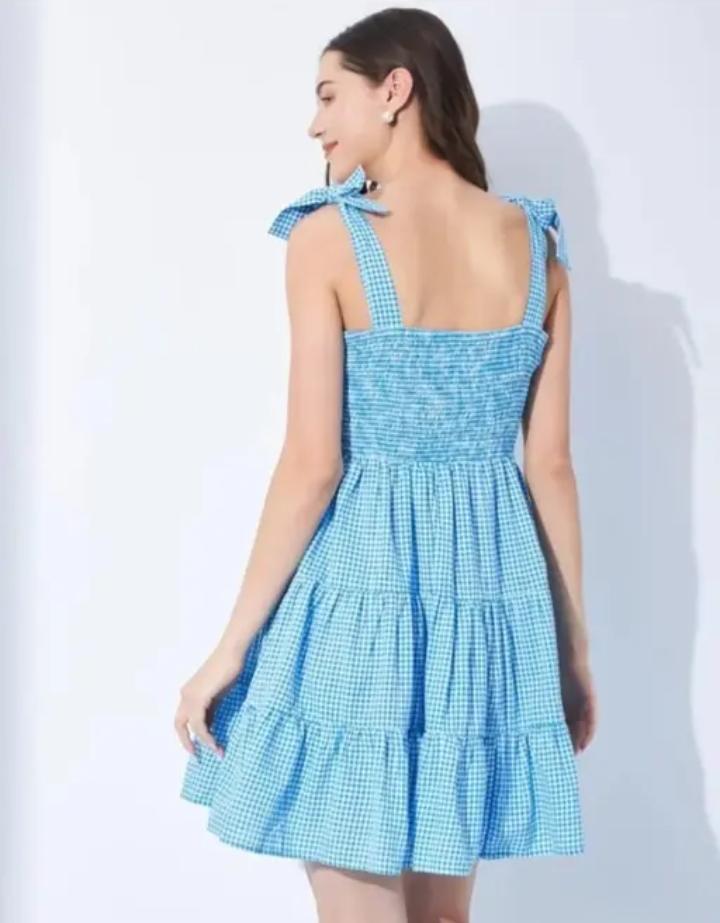 Sky Blue & White Gingham Check Sleeveless Tiered Dress