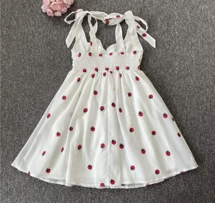 White Sleeveless A-Line Dress with Red Strawberry Print & Tie-Up Straps" 🍓✨