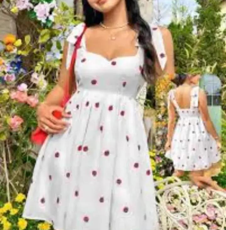 White Sleeveless A-Line Dress with Red Strawberry Print & Tie-Up Straps" 🍓✨