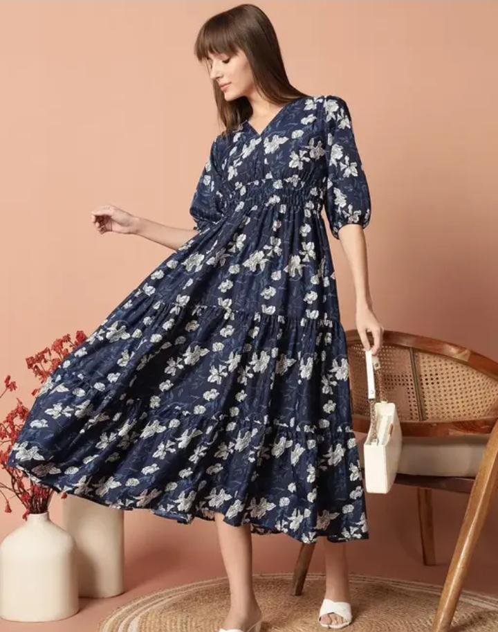 Navy Blue Floral Printed Maxi Dress with Puff Sleeves & Tiered Hem" 🌸✨