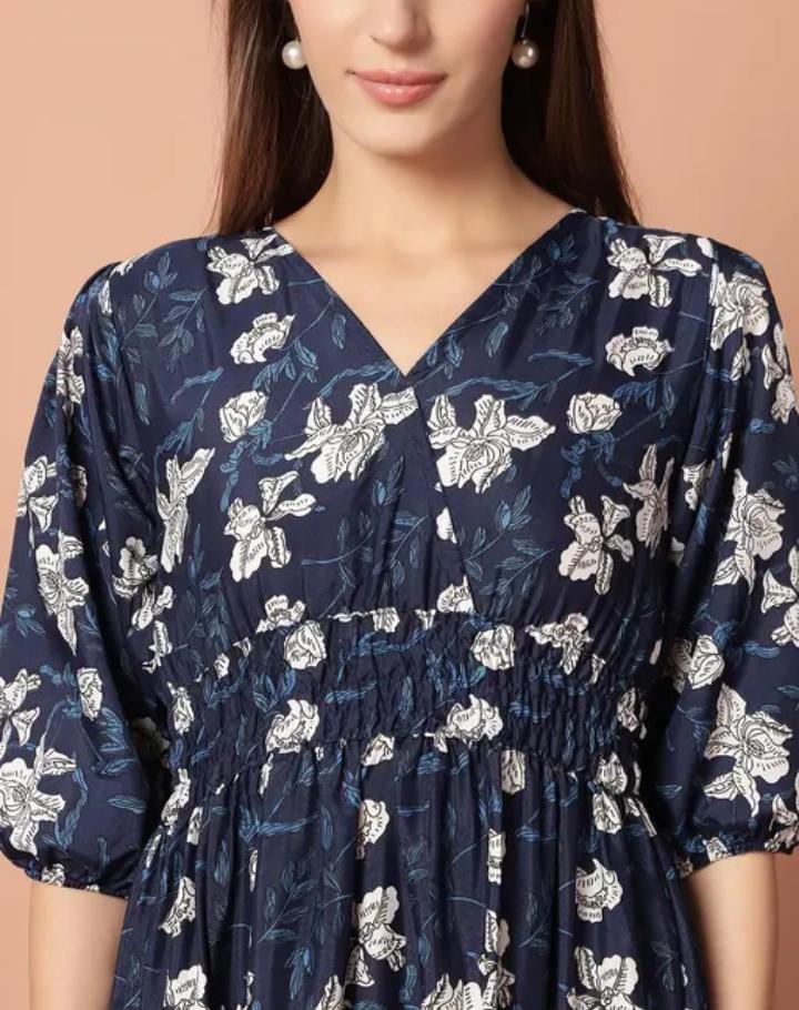 Navy Blue Floral Printed Maxi Dress with Puff Sleeves & Tiered Hem" 🌸✨