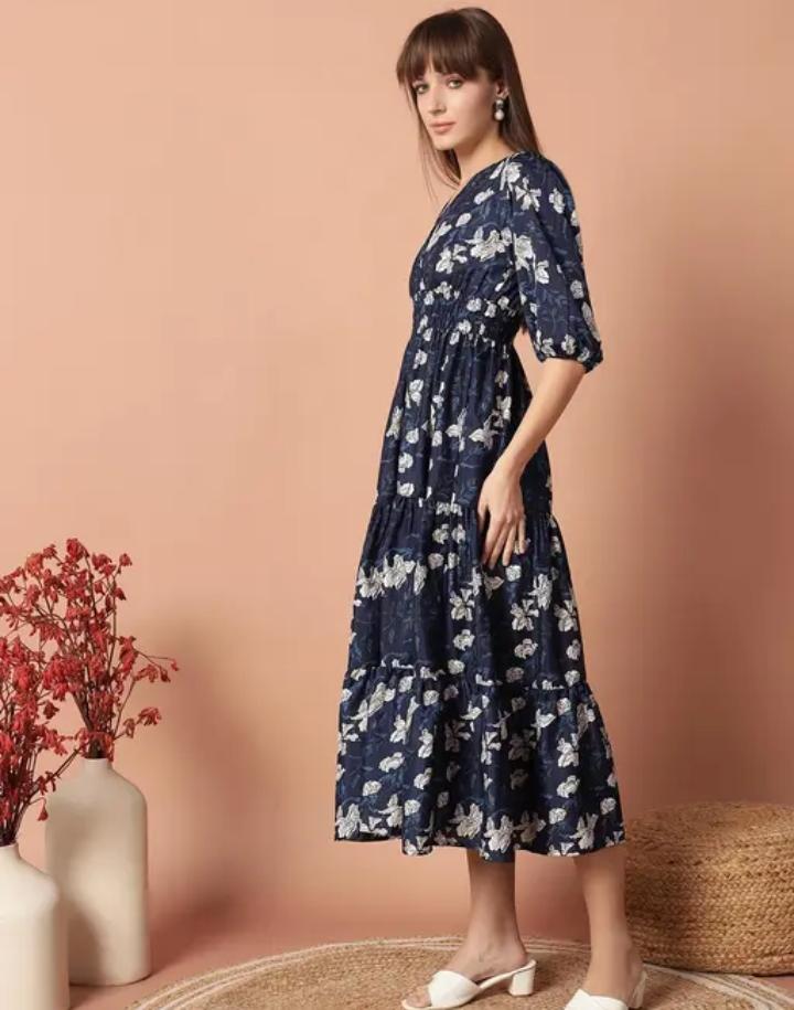 Navy Blue Floral Printed Maxi Dress with Puff Sleeves & Tiered Hem" 🌸✨