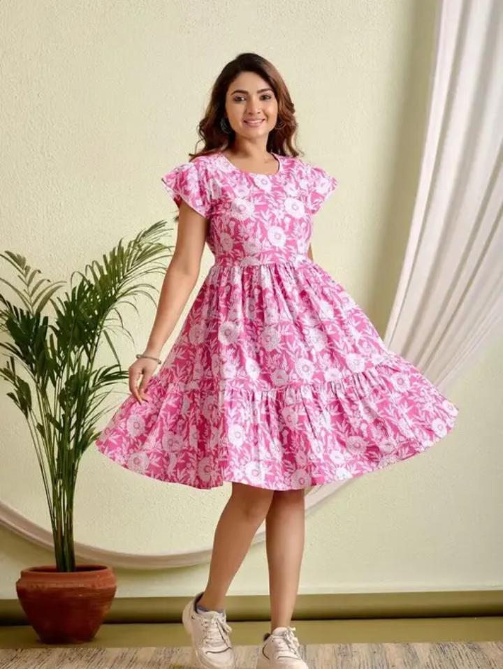 Pink & White Floral Printed Knee-Length Tiered Dress with Flutter Sleeves