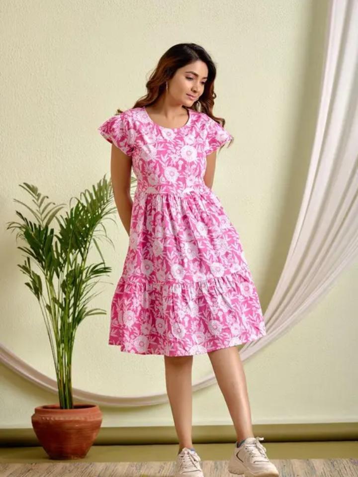 Pink & White Floral Printed Knee-Length Tiered Dress with Flutter Sleeves