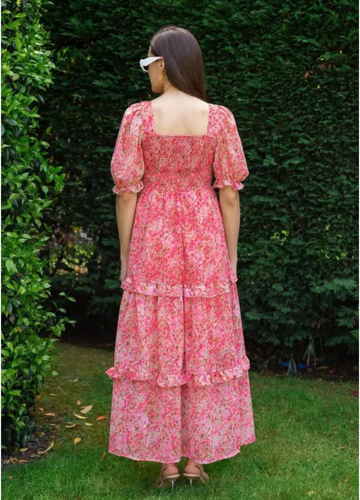 Women’s Georgette Printed Long Dress | Three-Quarter Sleeves | Flowy Maxi Skirt Style Outfit |