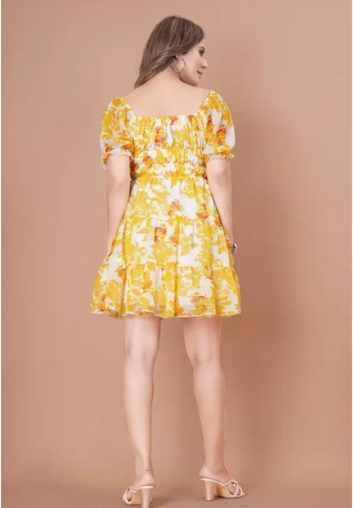 yellow and white Printed Long Dress | Short Sleeves