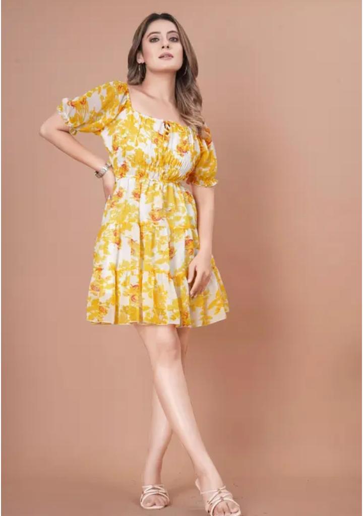 yellow and white Printed Long Dress | Short Sleeves