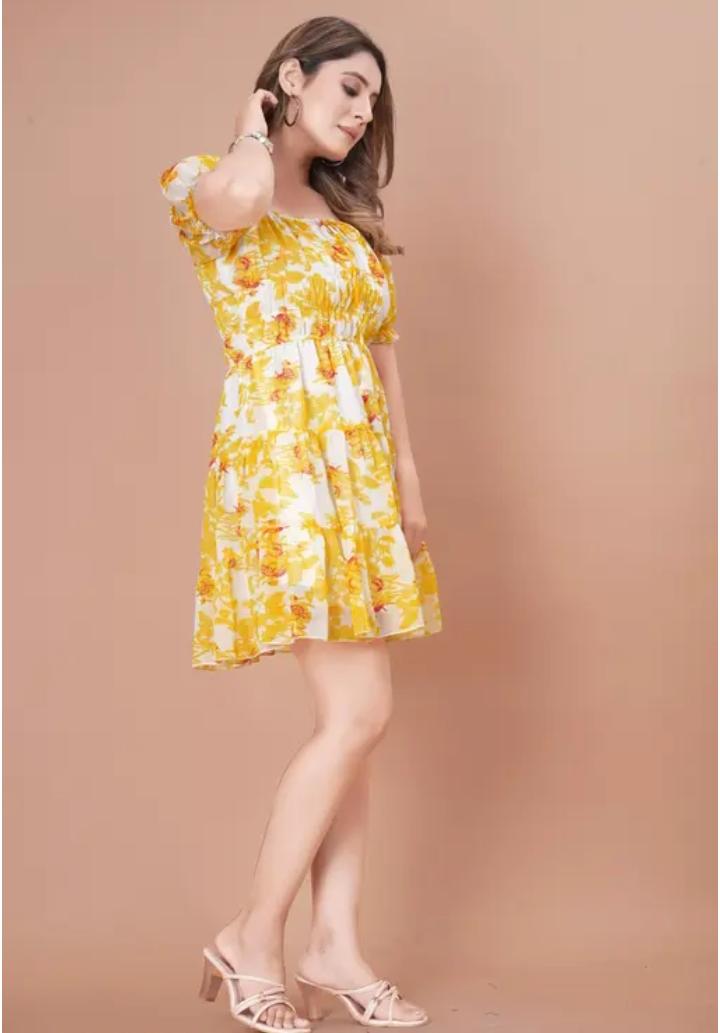 yellow and white Printed Long Dress | Short Sleeves