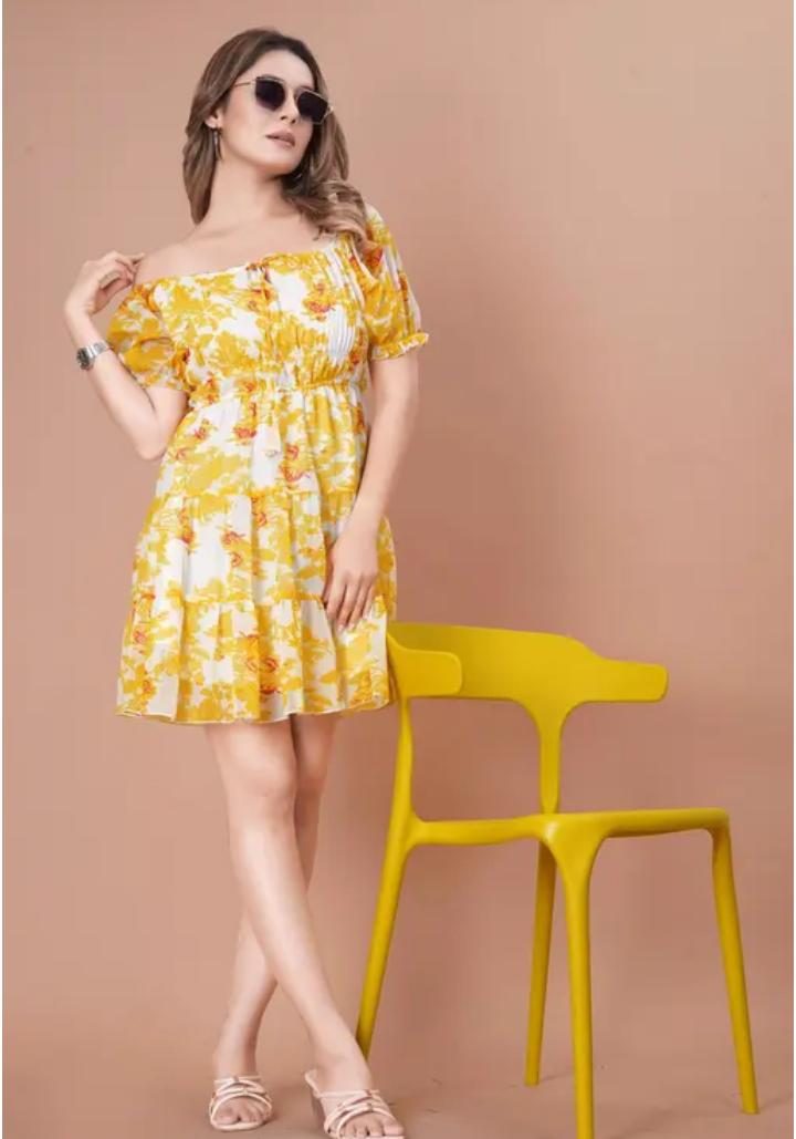 yellow and white Printed Long Dress | Short Sleeves