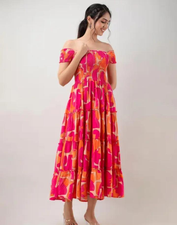 Radiant Blooms Multicolored Floral Midi Dress with Smocking