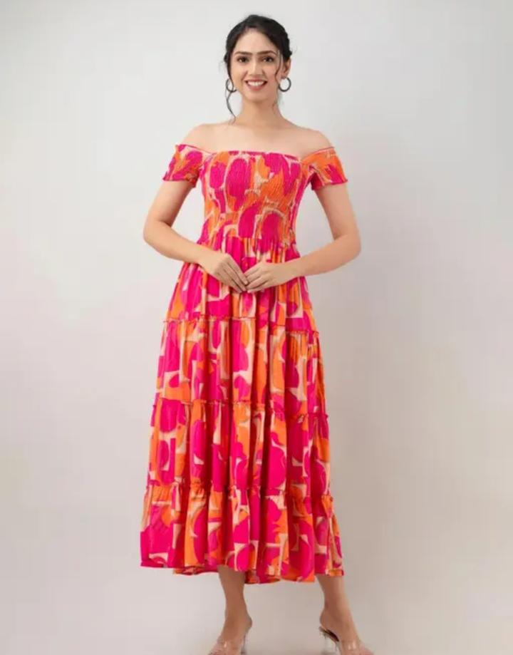 Radiant Blooms Multicolored Floral Midi Dress with Smocking