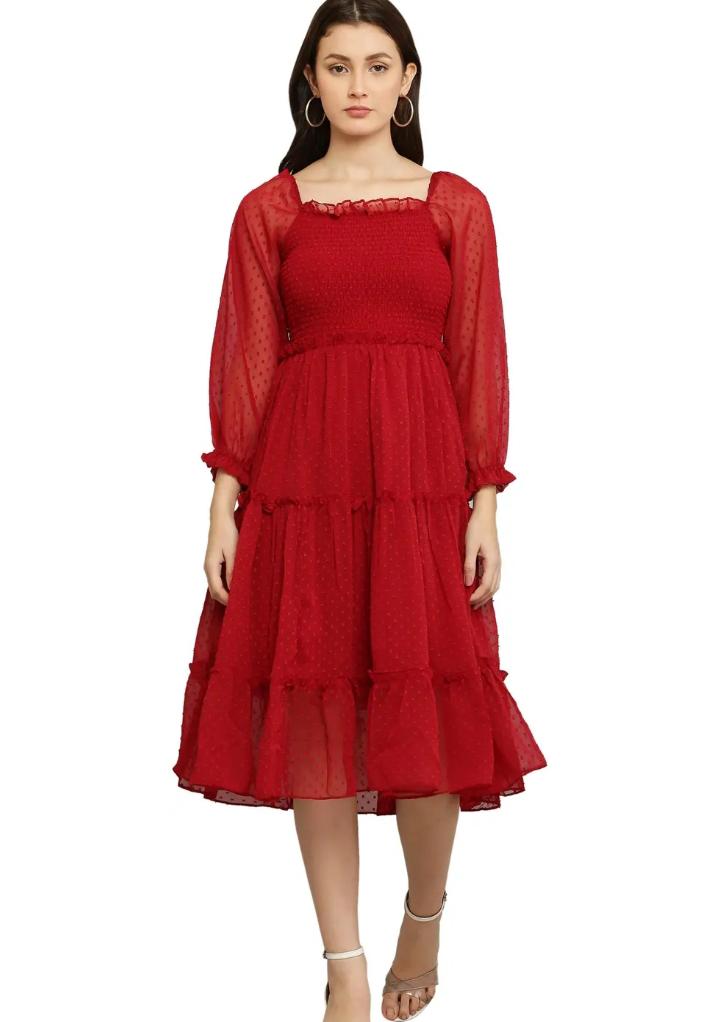 Elegant Red Tiered Midi Dress with Sheer Sleeves