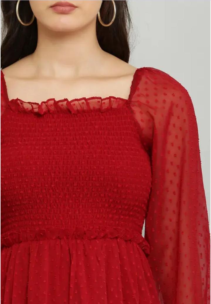 Elegant Red Tiered Midi Dress with Sheer Sleeves