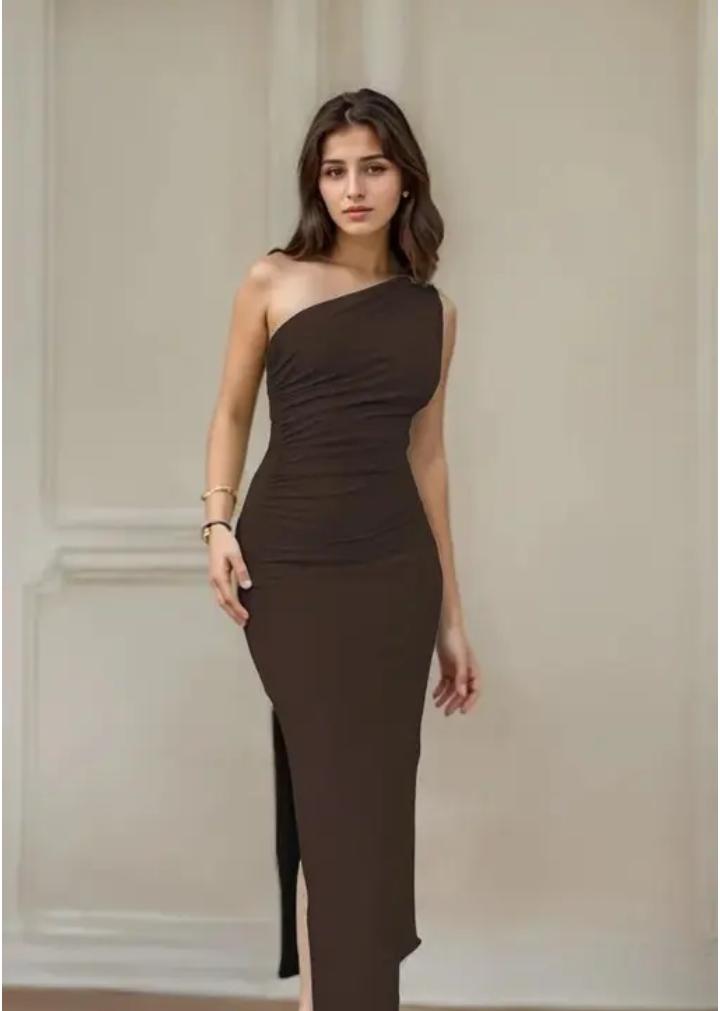 One-Shoulder Brown Bodycon Dress with Side Slit