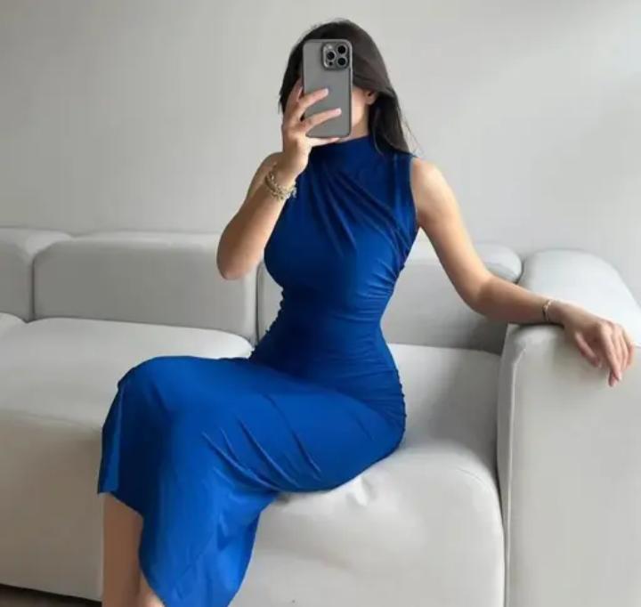 Sleeveless Blue Bodycon Midi Dress with Side Slit