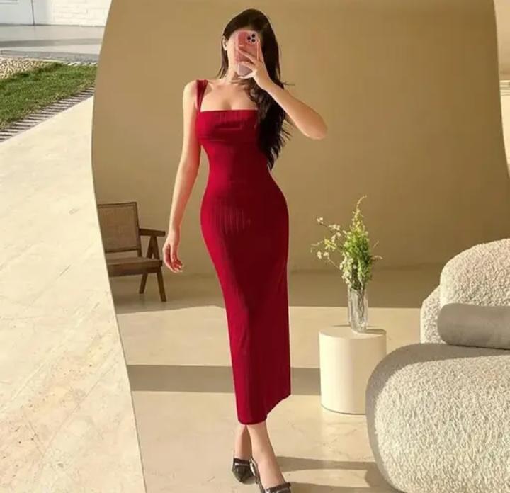 Sleeveless Red Ribbed Bodycon Midi Dress