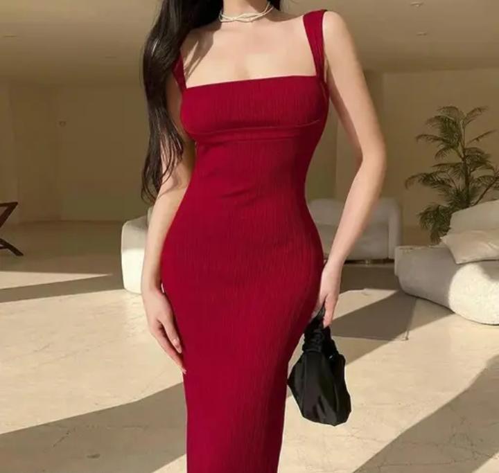 Sleeveless Red Ribbed Bodycon Midi Dress