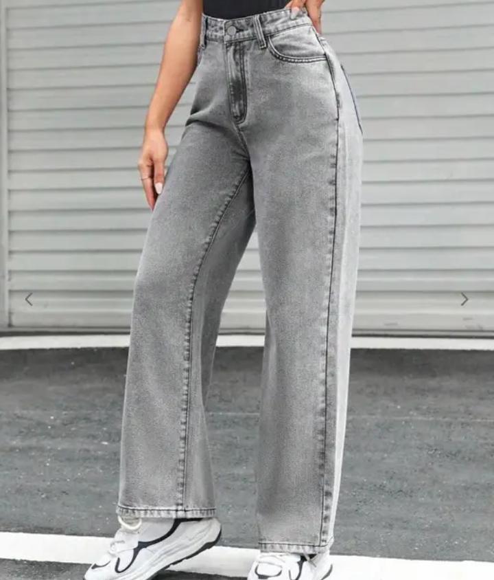 High-Waisted Grey Wide-Leg Jeans
